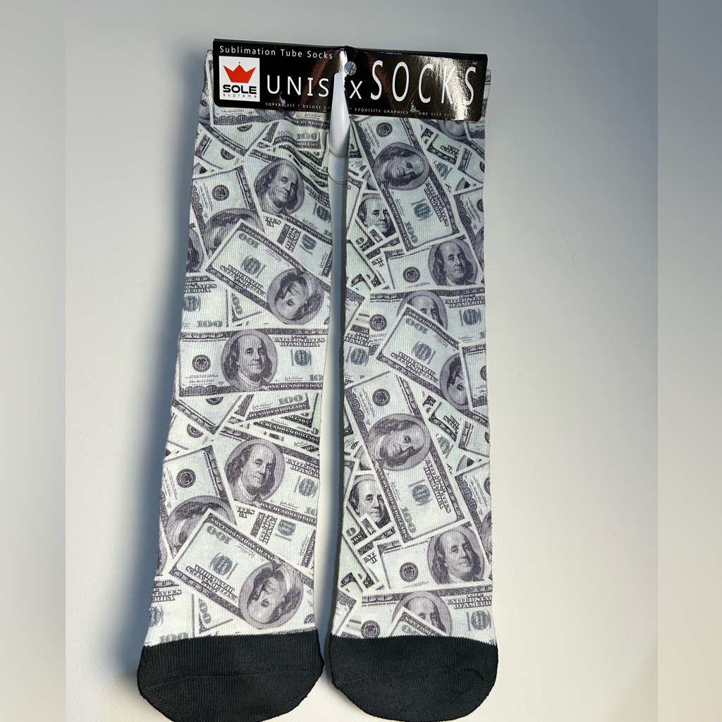 Unisex Money Print Casual Socks - Green, Black And White